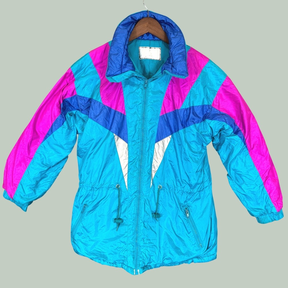 Vintage 80s Ski Jacket Women L Geometric Colorblock Snowboard Puff Windbreaker